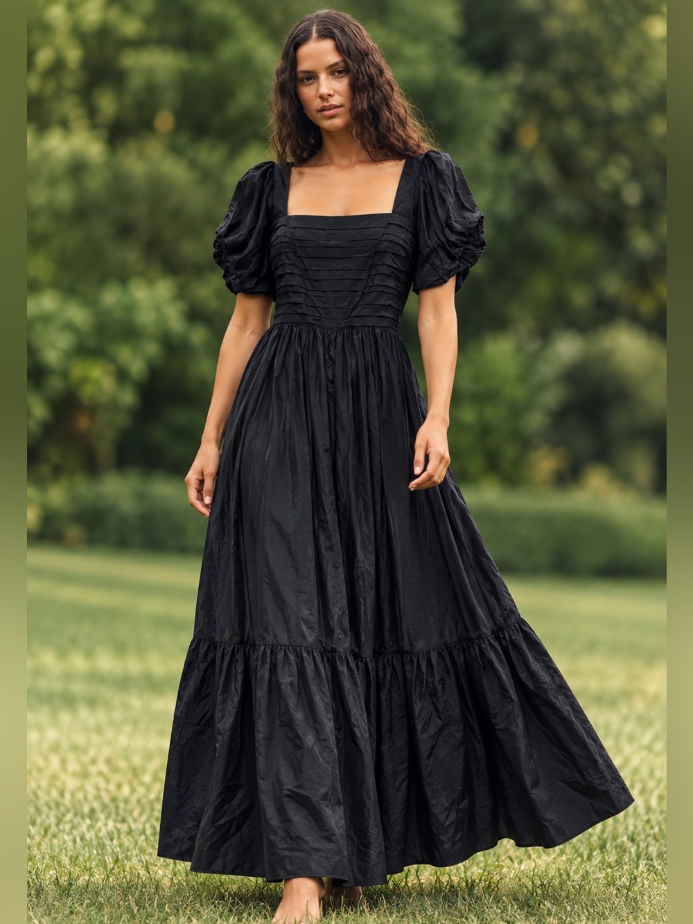 NWT Abercrombie & Fitch Black Taffeta Puff Sleeve Tiered Maxi Dress Medium